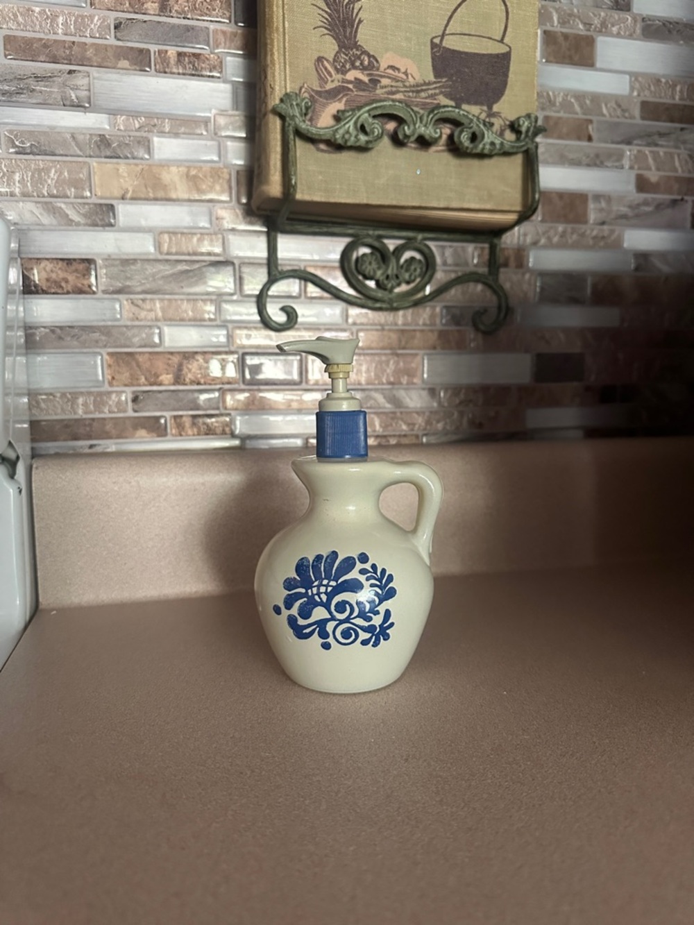 Avon Cream Ceramic Soap Dispenser with Blue Floral Design